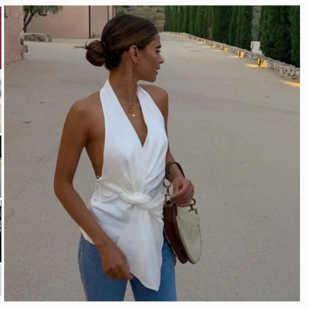 ZARA LINEN HALTER NECK FRONT SELF TIE OPEN BACK BLOUSE